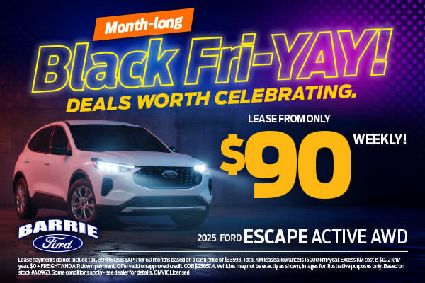 2025 Ford Escape Active AWD in white with promotional text highlighting a $90 weekly lease offer at Barrie Ford's Black Fri-YAY event.